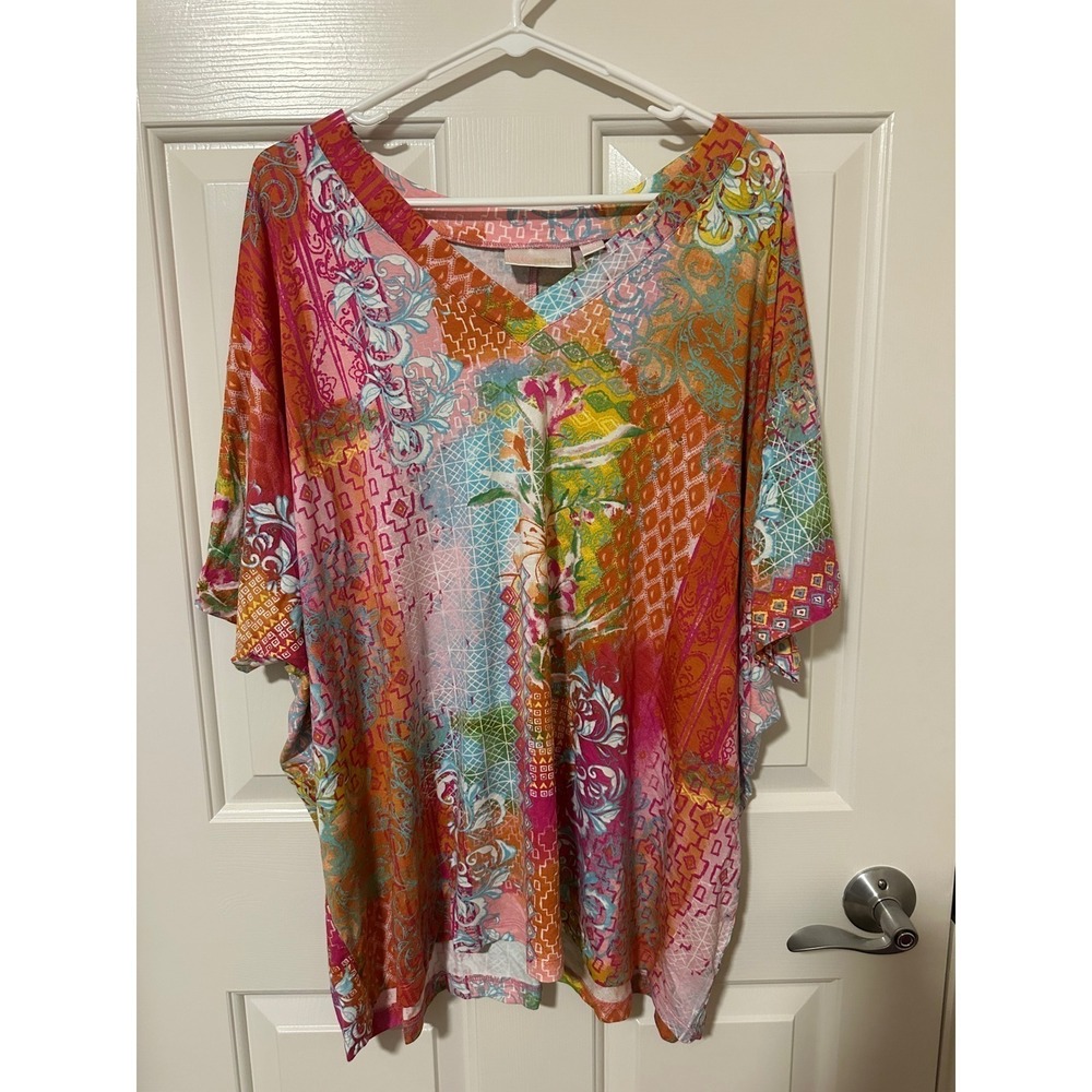 Belle Kim Gravel Top Womens 2X Multi Color Patchwork Floral V-Neck Tunic